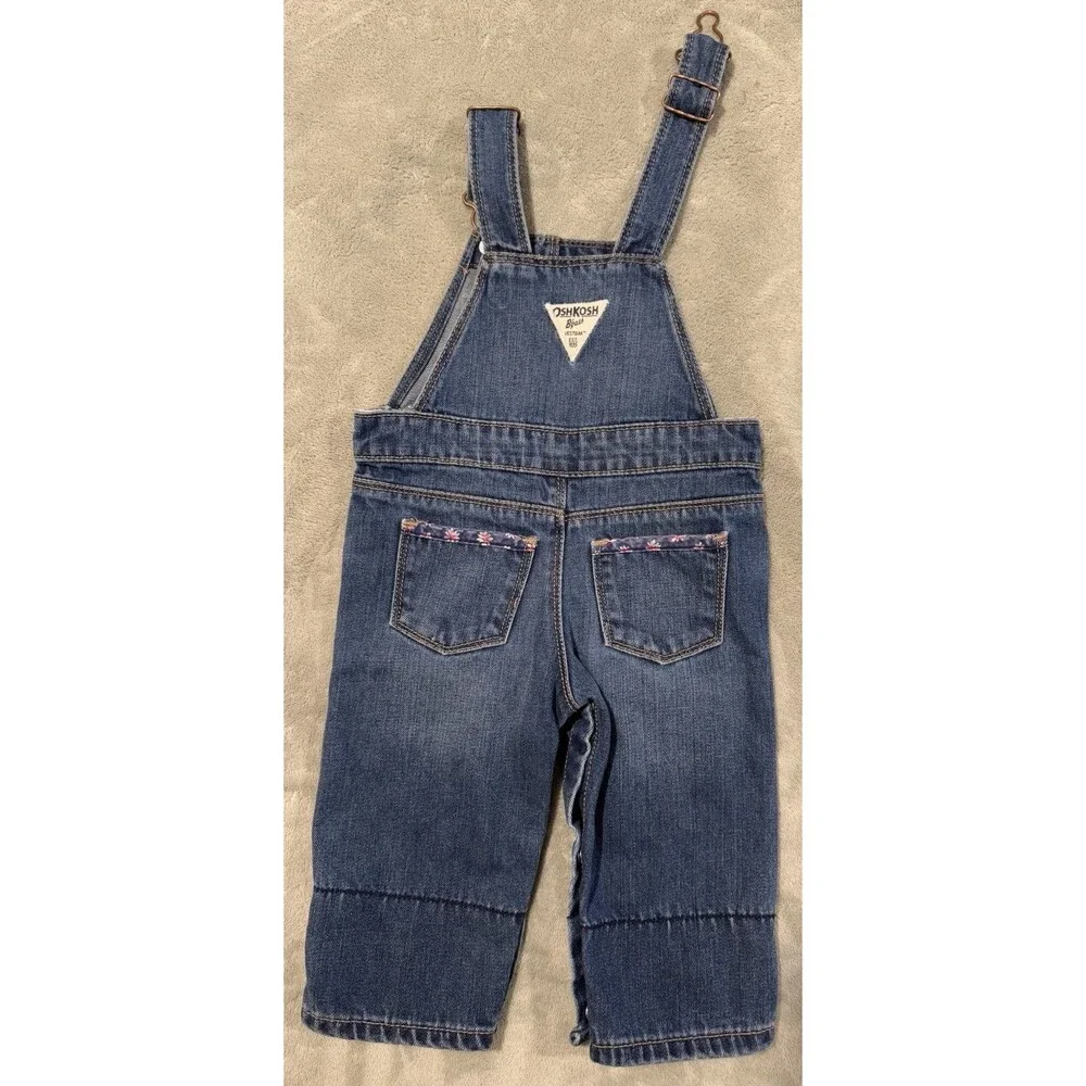Y2K OshKosh B'gosh Vestbak Baby Girls 9M Blue Denim Overalls Floral Trim Spring